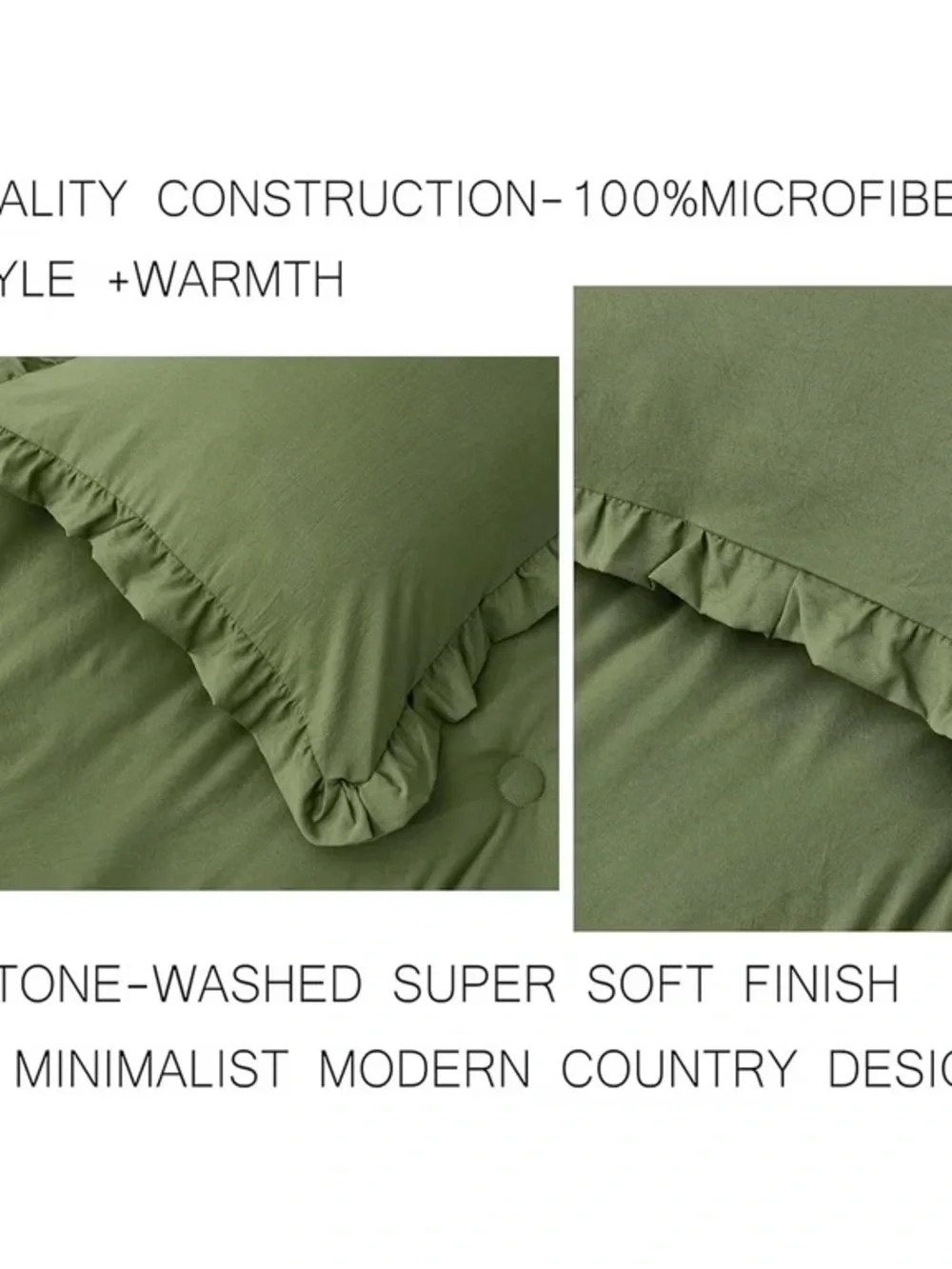 Olive Green Ruffled oversized queen 3 piece Comforter Set -